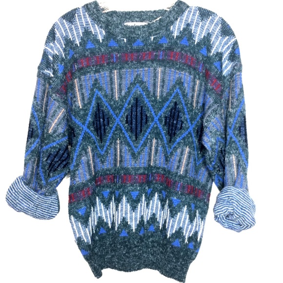 Vintage sweater Grandpa crew pullover jumper Aztec oversized sweatshirt striped - Picture 6 of 8